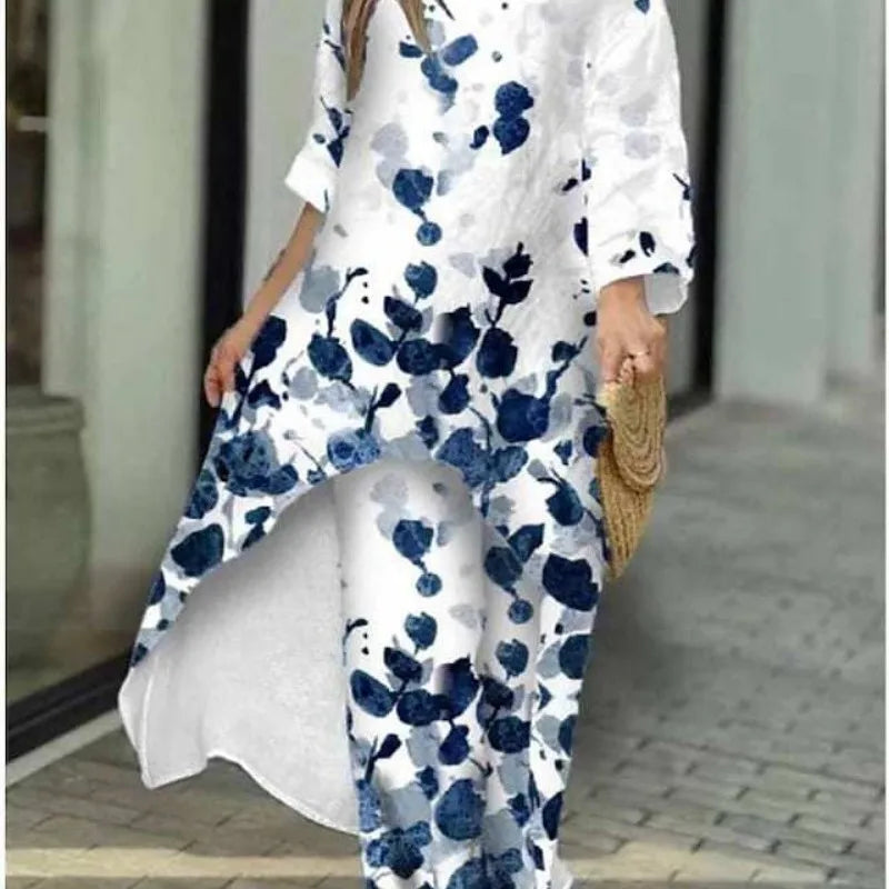 Full outfit display of the women's luxury 2-piece spring/summer set, showcasing its loose-fit irregular silhouette and fashionable design.