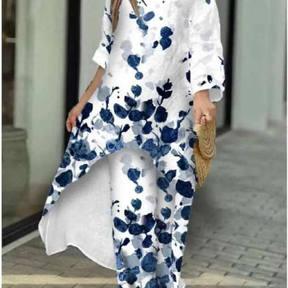 Full outfit display of the women's luxury 2-piece spring/summer set, showcasing its loose-fit irregular silhouette and fashionable design.