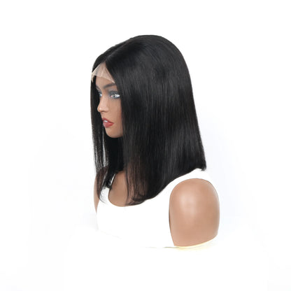 Sleek straight luxury bob wig featuring average cap size and high-quality Brazilian hair, designed for versatile and trendy styling.