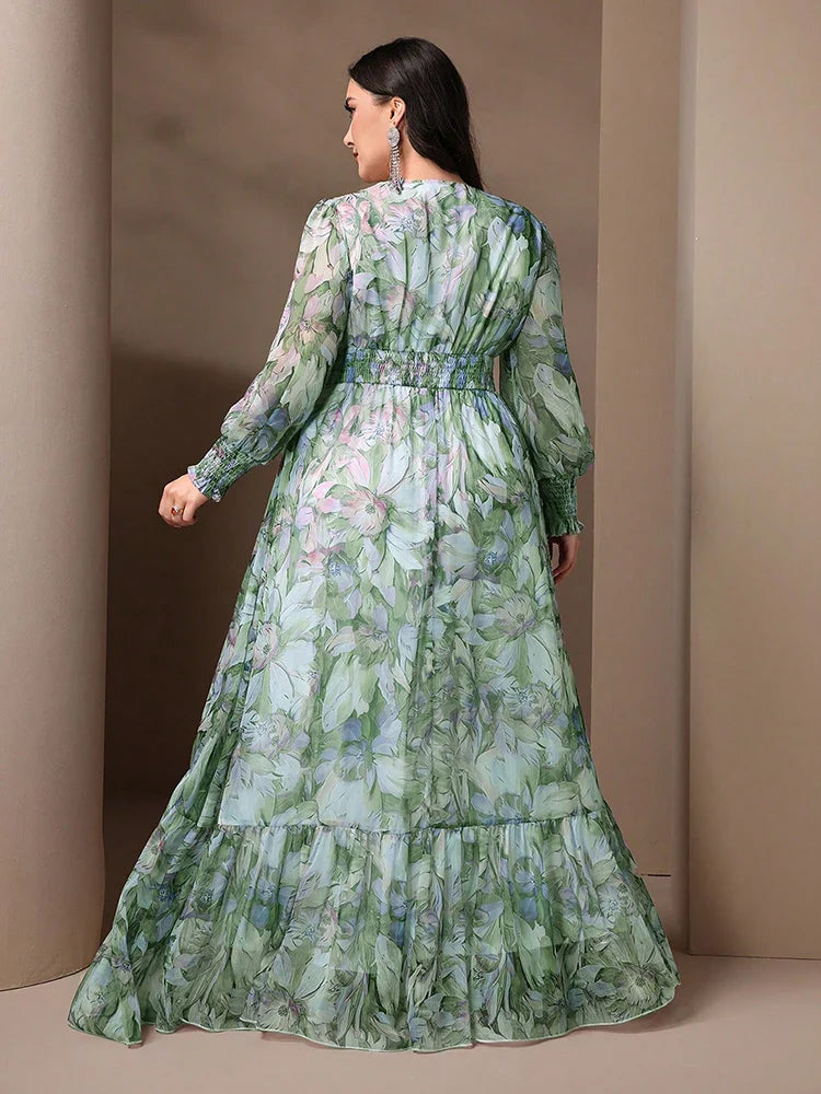 Chic TOLEEN Plus Size women's long dress with vibrant floral print, showcasing a stunning V-neck and loose fitting silhouette with fashionable lantern sleeves, tailored for comfort and sophistication.