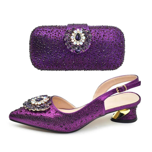 Matching handbag set made of exquisite PU and rhinestone, designed to complement Italian women's pumps, ideal accessory for special occasions.