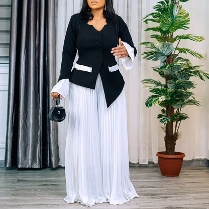 Stylish ensemble featuring CM.YAYA Women's Plus Size Flare Sleeve Blazer and Wide Leg Pants, ideal for the fashionable professional seeking a luxurious wardrobe.