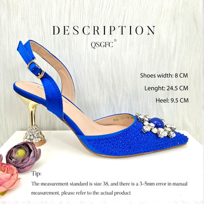 Elegant Italian design blue women's stiletto heels sandals adorned with sparkling rhinestones and pearls, showcasing a glamorous look for sophisticated occasions.