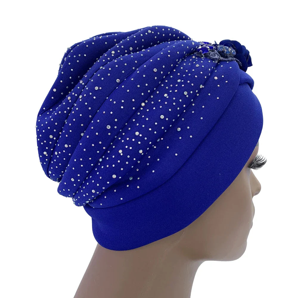Glamorous African turban cap with intricate rhinestone accents, ideal for women looking to elevate their style with a head wrap size of 56-58cm.