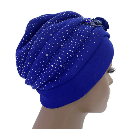 Glamorous African turban cap with intricate rhinestone accents, ideal for women looking to elevate their style with a head wrap size of 56-58cm.