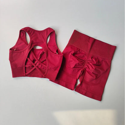 Chic and trendy women's breathable yoga set, designed with seamless technology for a flattering fit, including a fashionable sport bra and snug shorts.