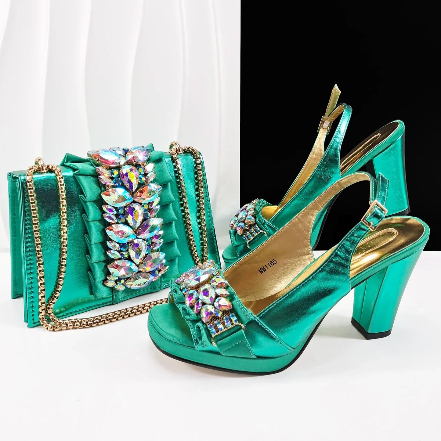 Giyu Women's High Heel Peep Toe Shoe and Bag Set with Charm, showcasing its elegant Italian design with gold accents, perfect for glamorous occasions.