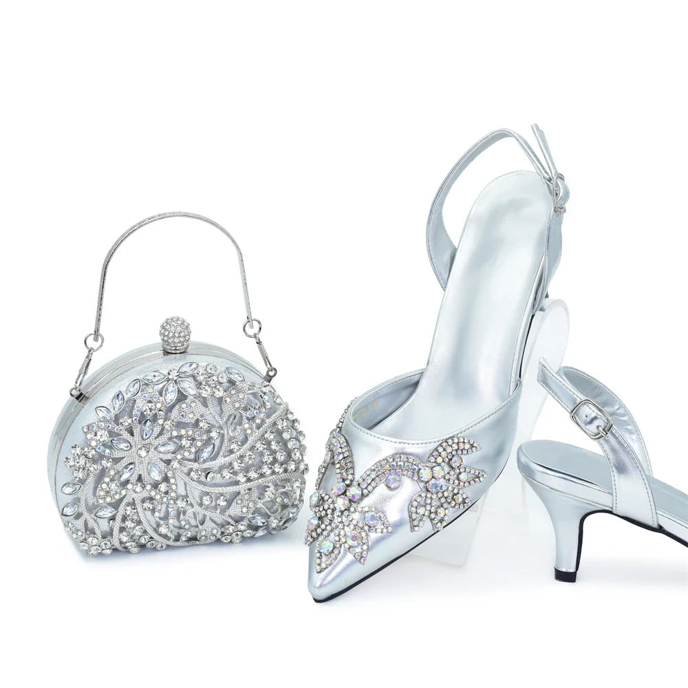 Champagne-coloured Italian women's shoes with pointed toe and matching bag set, crafted for the discerning woman seeking elegance for special occasions.