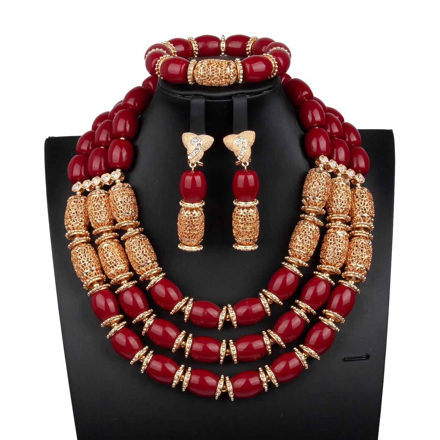Stylish display of the complete luxury African beads jewellery set, including a statement necklace, earrings, and bracelet, perfect for party occasions.