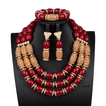 Stylish display of the complete luxury African beads jewellery set, including a statement necklace, earrings, and bracelet, perfect for party occasions.