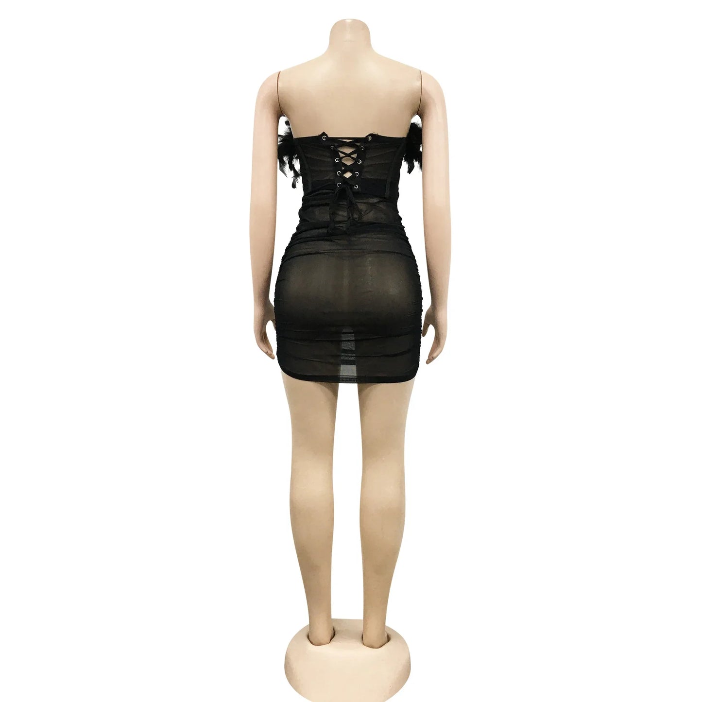 BKLD luxury women’s sexy two-piece co-ord set featuring a sheer mesh corset top and bodycon skirt with delicate feather detailing in an elegant black shade.
