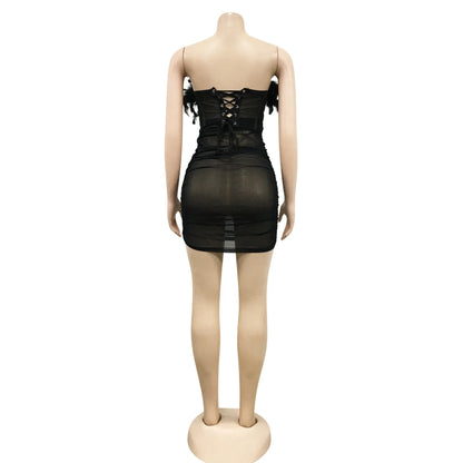 BKLD luxury women’s sexy two-piece co-ord set featuring a sheer mesh corset top and bodycon skirt with delicate feather detailing in an elegant black shade.