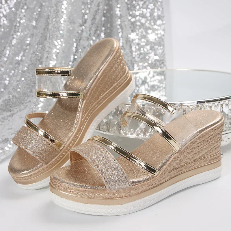 Elegant platform wedge sandals for women, showcasing a chic slip-on style crafted for comfort and sophistication at parties.