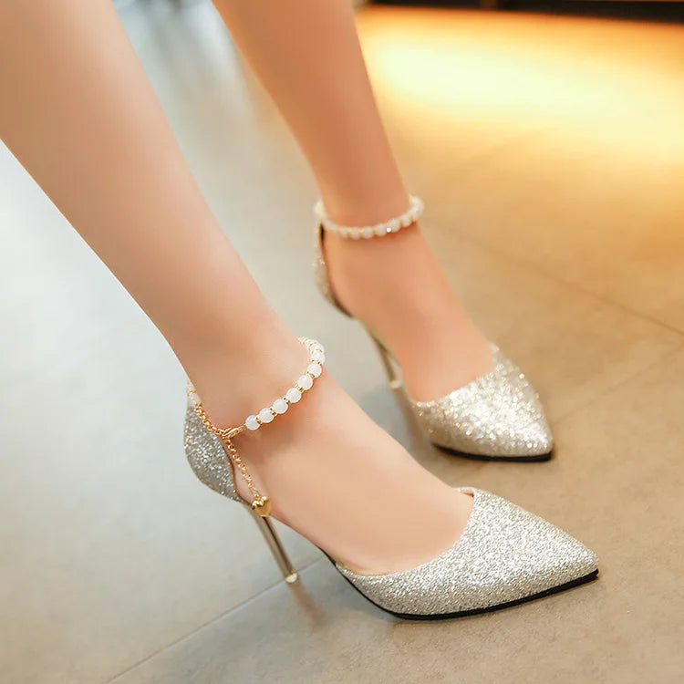 Elegant pointed toe high heels mules for women, showcasing a chic design ideal for weddings and parties, adorned with luxurious sequined cloth.