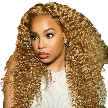 Close-up of the intricate water wave texture on the Honey Blonde Lace Front Wig, showcasing the elegance and quality of 100% Remy Indian human hair.