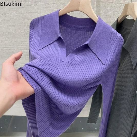 Luxurious women's v-neck long sleeve knitted top in classic solid colour, designed for casual elegance, available in sizes from S to 3XL.