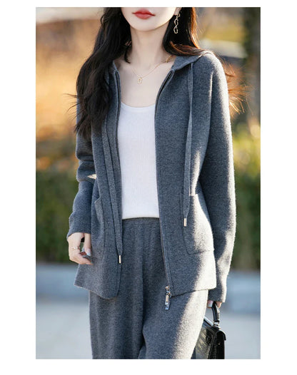 Wide leg pants designed for women, crafted from premium Merino wool, offering a stylish and flattering fit for autumn and winter wear.