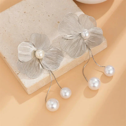 Chic long tassel earrings made from zinc alloy metal, showcasing a fashionable floral motif and imitation pearls, suitable for women seeking elegant accessories.