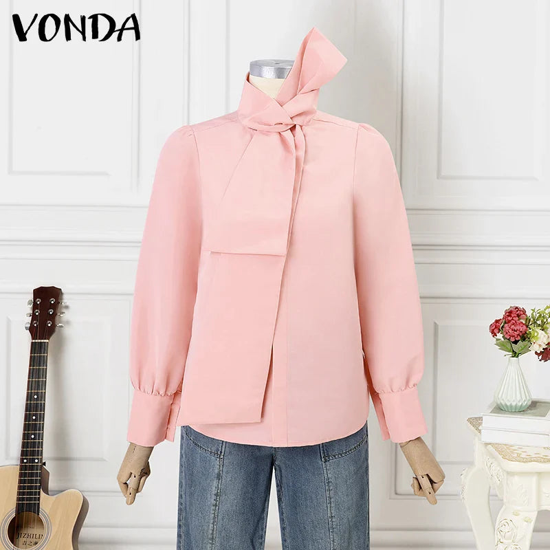Elegant Plus Size 5XL VONDA Women's Blouse featuring a sophisticated bow collar, perfect for casual and formal occasions.