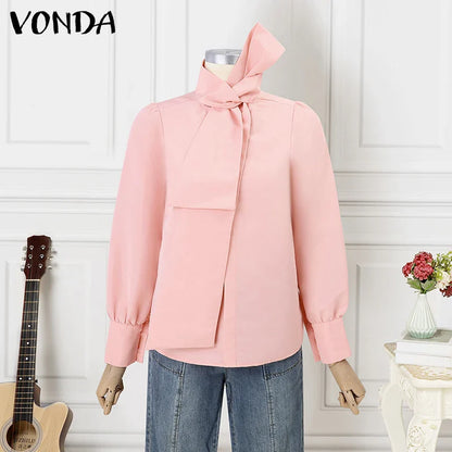 Elegant Plus Size 5XL VONDA Women's Blouse featuring a sophisticated bow collar, perfect for casual and formal occasions.