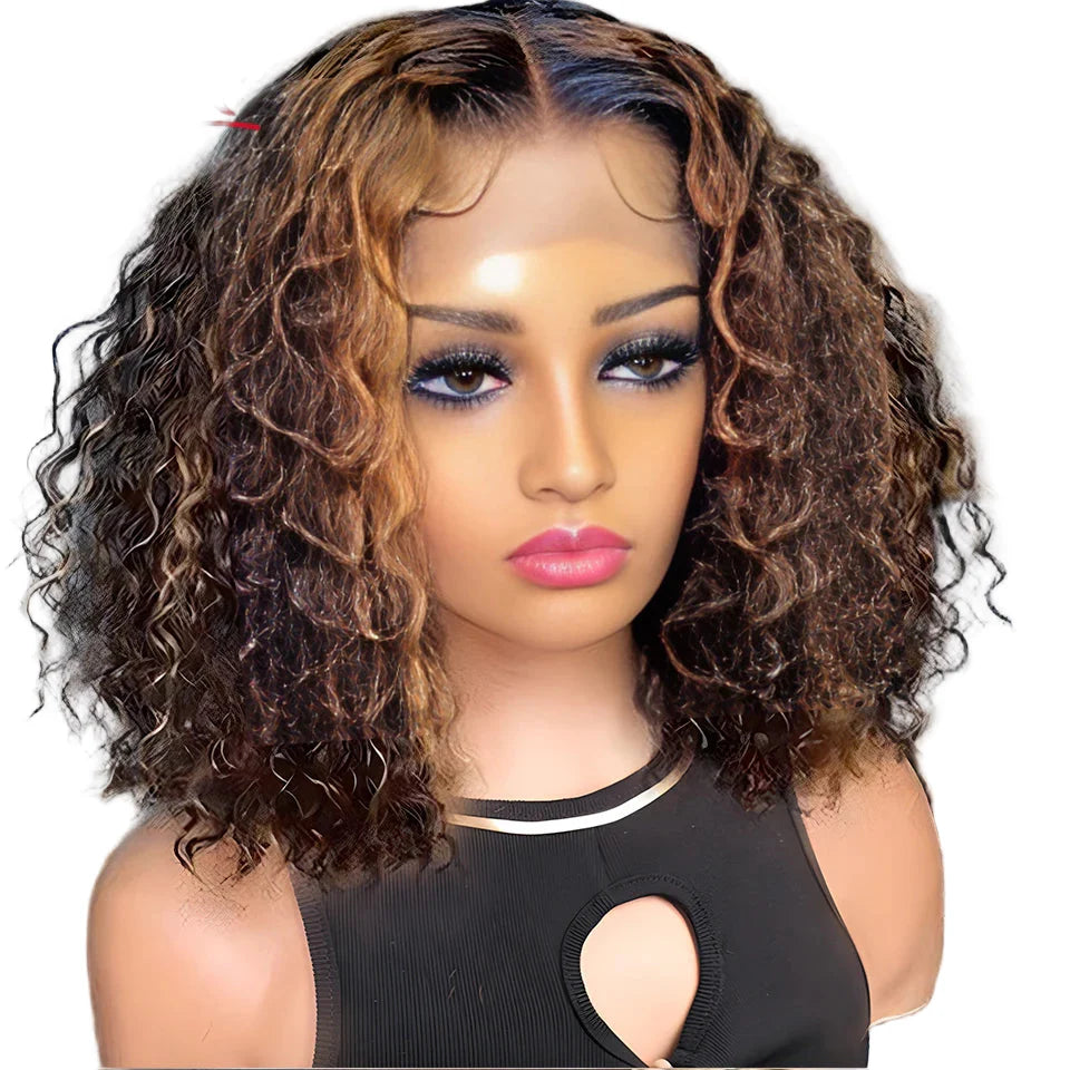 Stylish Brazilian deep curly wig with natural black and brown colour gradient, crafted from 100% human hair, perfect for luxurious styling.