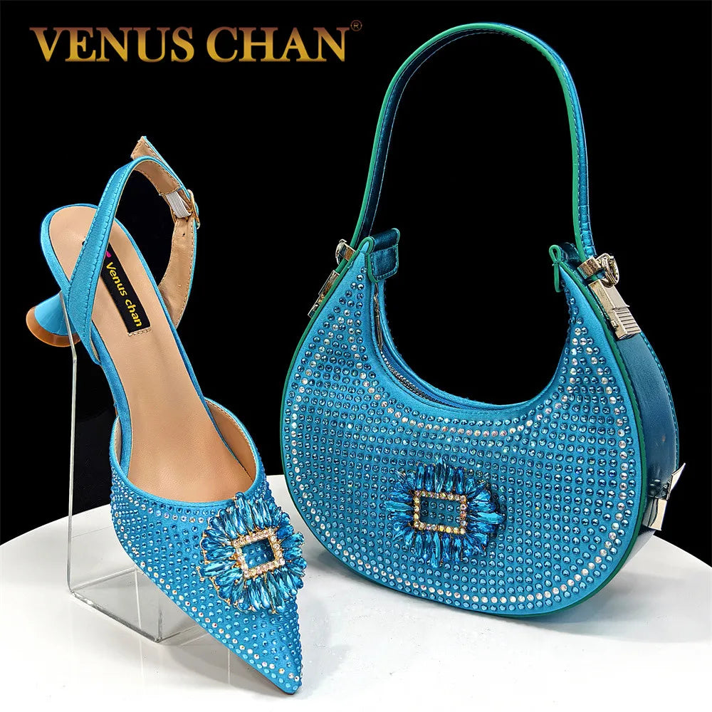 Luxurious sky blue women's heeled pumps with spike heels, featuring a glamorous design for special occasions.