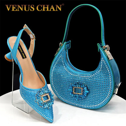 Luxurious sky blue women's heeled pumps with spike heels, featuring a glamorous design for special occasions.