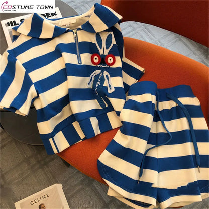 Elegant women's casual striped two-piece sportswear set featuring short sleeves and stylish shorts, perfect for summer outings.