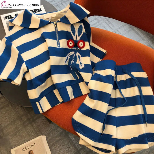 Elegant women's casual striped two-piece sportswear set featuring short sleeves and stylish shorts, perfect for summer outings.