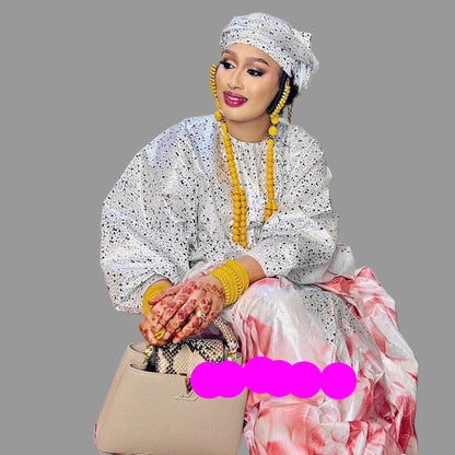 Luxurious African Dashiki Print Bazin Riche Boubou Gown Dress featuring intricate embroidery lace and shimmering stones, perfect for elegant occasions.