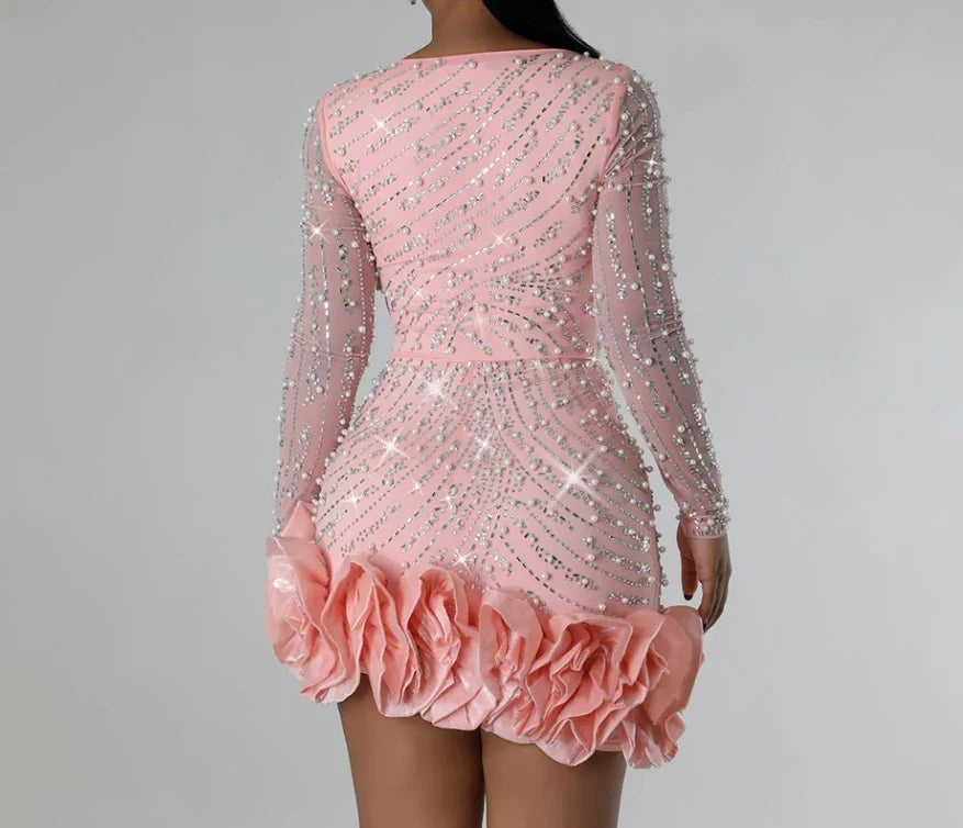 Elegant Women's Sexy Rhinestone Beaded Dress featuring high waist design and exquisite appliques, perfect for upscale clubwear and special occasions.