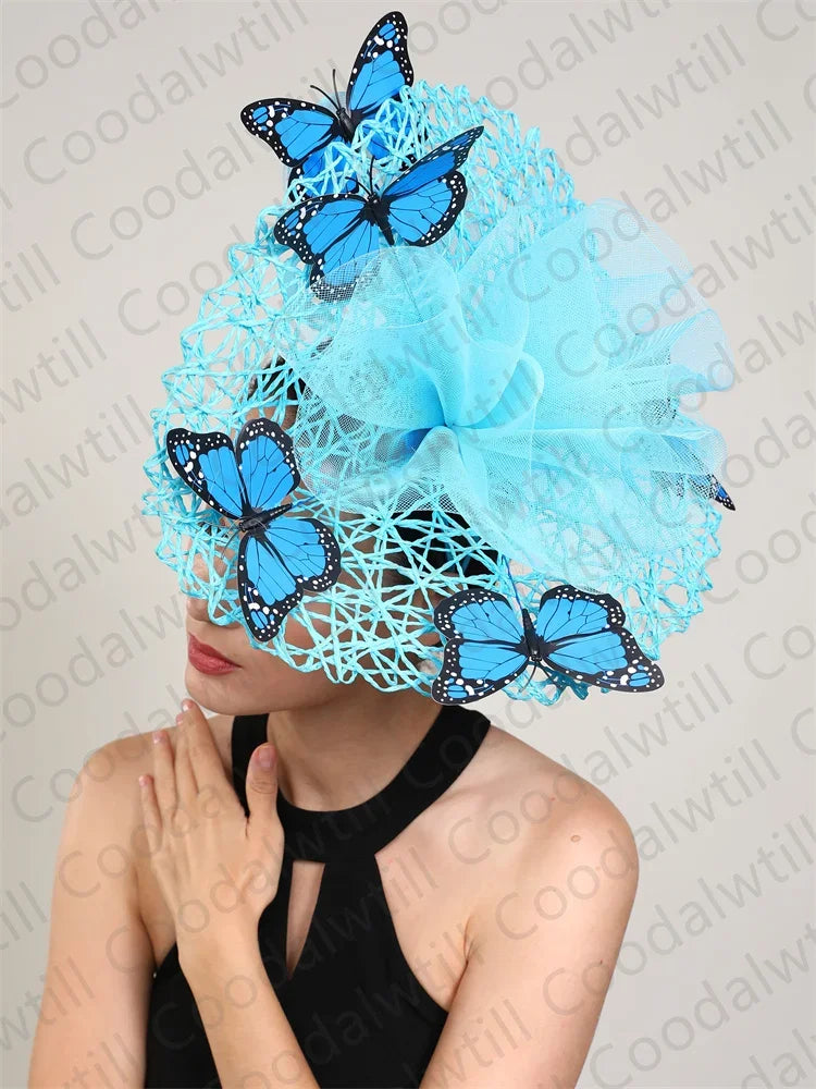 Chic butterfly fascinator headpiece showcasing a beautiful floral design, suitable for weddings and Derby celebrations, 30CM in size.