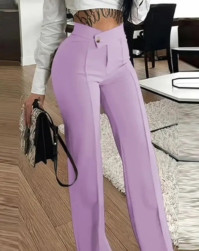 Luxurious women's casual sexy buttoned wide-leg pants in solid polyester, featuring a refined ankle-length slim fit design, perfect for sophisticated work attire.