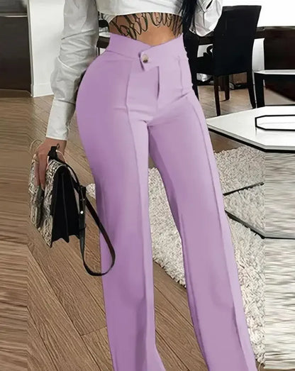 Luxurious women's casual sexy buttoned wide-leg pants in solid polyester, featuring a refined ankle-length slim fit design, perfect for sophisticated work attire.