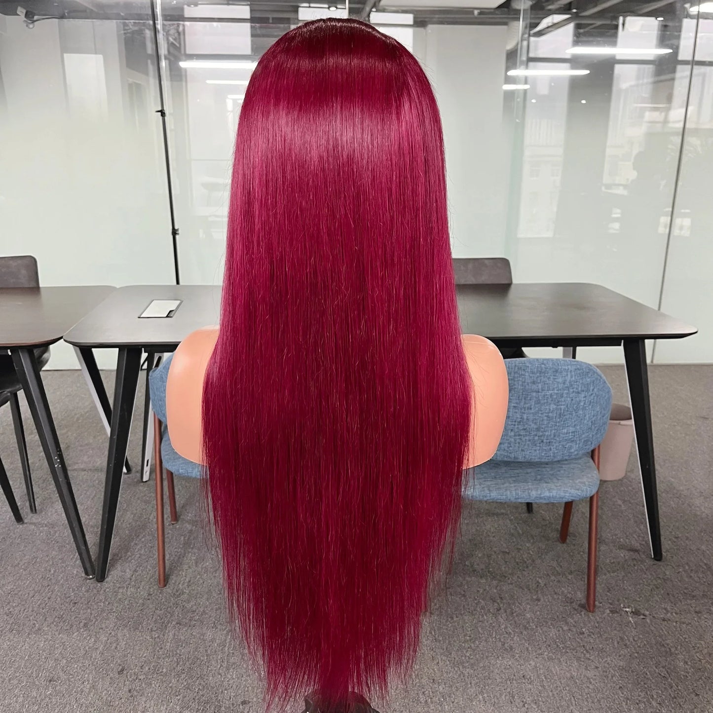 Detailed view of the transparent lace on the 13x4 Burgundy 99J Glueless Lace Front Wig, designed for a natural and seamless appearance for women.