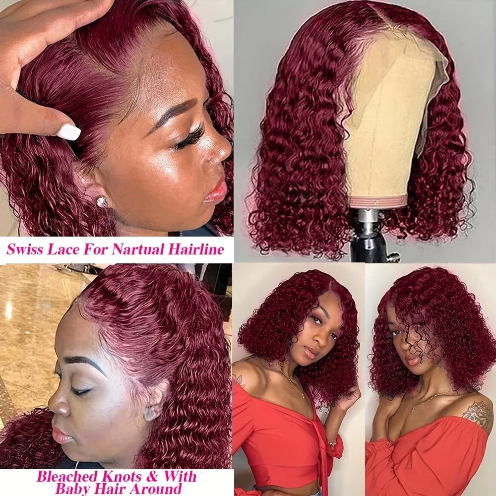 Elegant 99J deep wave bob wig in rich burgundy, showcasing the quality of Remy human hair with a delicate lace front for an effortlessly stylish look.