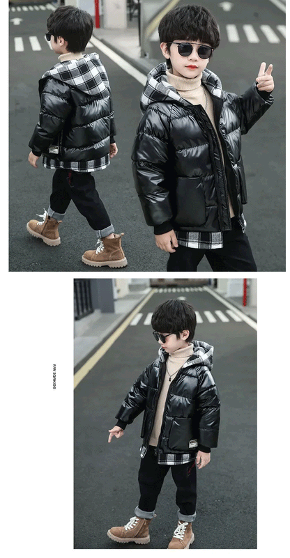 Elegant black winter coat for boys featuring a zip closure, soft cotton filling and casual style, designed for ages 3T to 13Y.