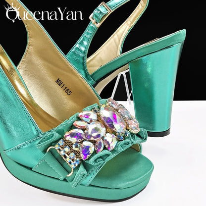 Sophisticated green pumps worn by a model, showcasing the exquisite craftsmanship and trendy style suitable for spring and autumn.