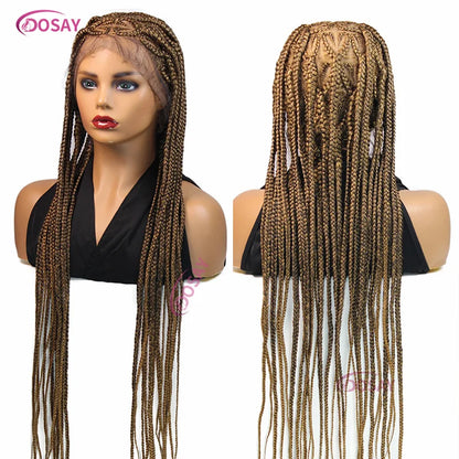 Close-up of the premium quality Swiss lace base of the 36-inch heart box braided wig, highlighting its intricate braid patterns and seamless design.