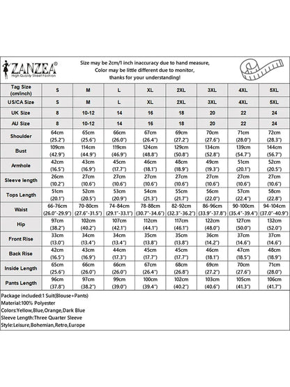 Luxurious ZANZEA 2-Piece Summer Pant Set featuring a chic 3/4 sleeve printed blouse paired with ankle-length wide-leg trousers, ideal for refined summer outings.