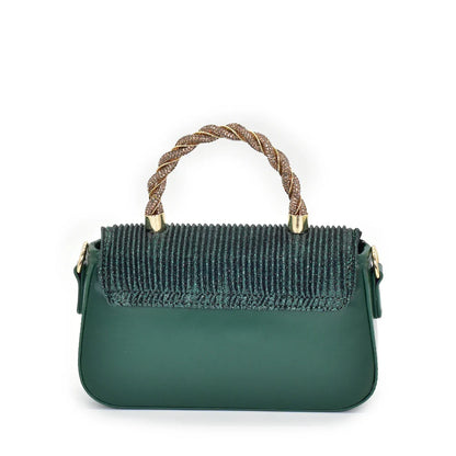 Glamorous Italian women's heeled pumps alongside a coordinating bag, adorned with crystal embellishments, perfect for upscale parties.