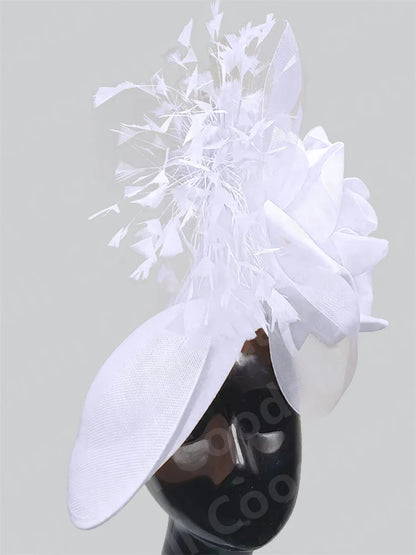 Close-up view of a luxurious big flower fascinator hat, showcasing intricate details and high-quality linen material perfect for sophisticated occasions.