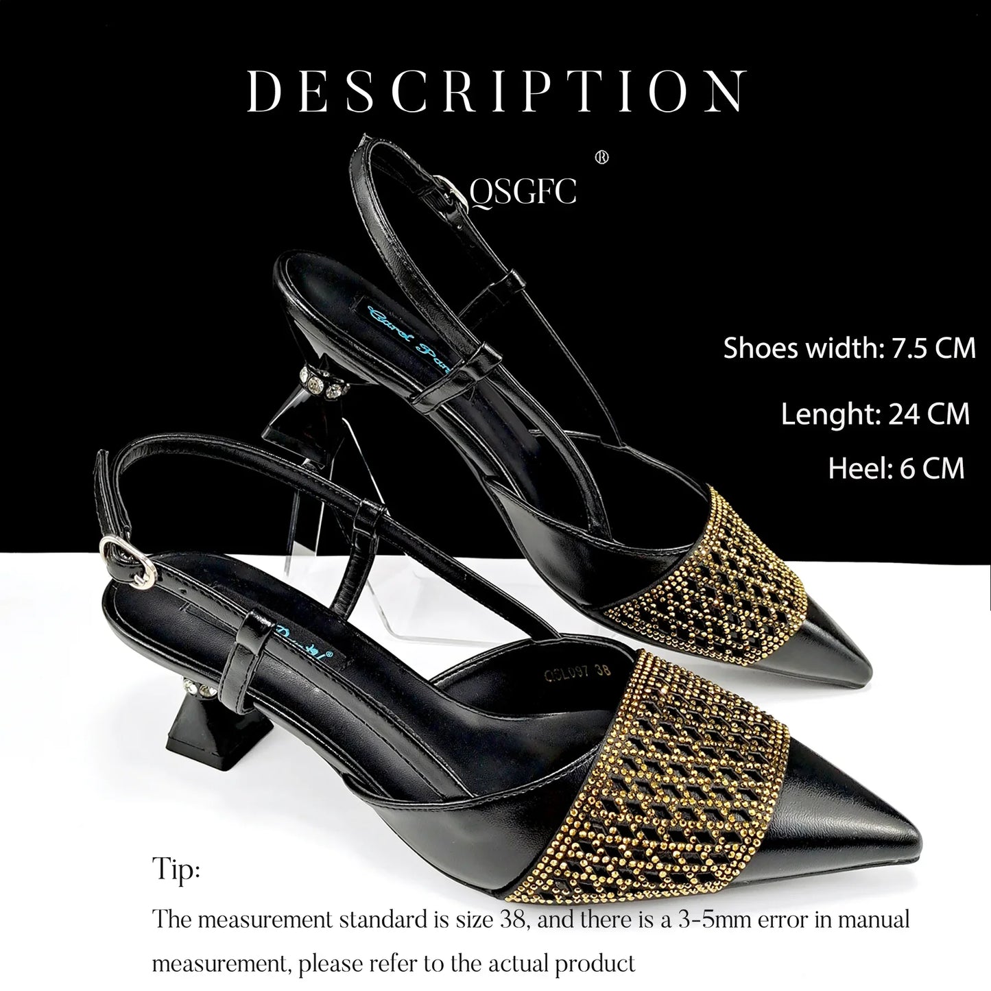 Fashionable black and gold party outfit featuring elegant high-heeled pumps and a chic handbag combination.