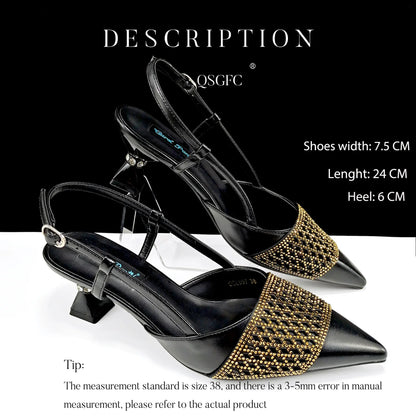 Fashionable black and gold party outfit featuring elegant high-heeled pumps and a chic handbag combination.