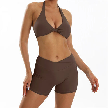 Elegant view of women's yoga shorts with scrunch effect, designed for perfect fit and style during workouts.