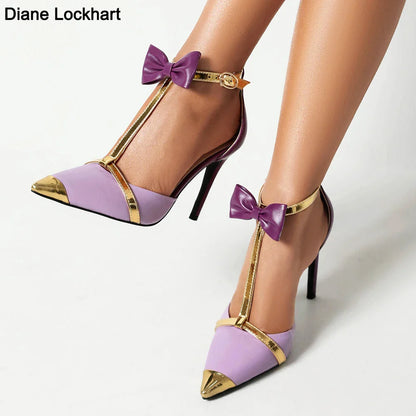Elegant luxury gold purple stilettos featuring T-strap design and high heels, perfect for summer parties and prom events.