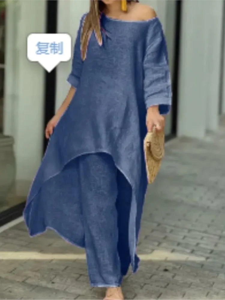 Complete view of the Women's Casual Cotton Linen Two Piece Set, combining a sophisticated top and wide leg cargo pants for a luxurious casual outfit.