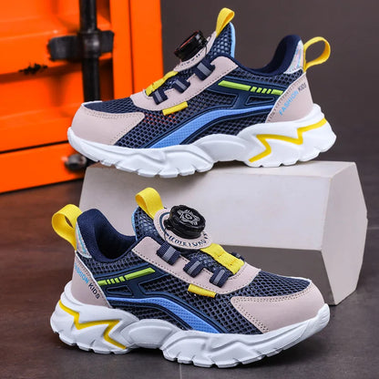 Elegant boys' summer breathable sports sneakers in stylish black mesh design, perfect for casual running and all seasons; anti-slippery shoes for ages 7-13.