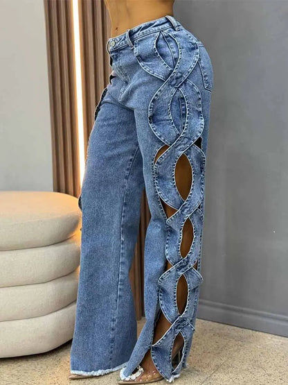BKQU Women's High Waist Wide Leg Hollow Out Jeans in elegant blue denim, perfect for luxurious spring and summer parties.