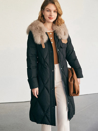 Stunning view of the women's luxury parka jacket, highlighting its refined craftsmanship and vibrant solid colour perfect for any winter occasion.